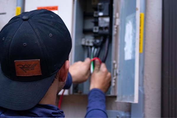 Electrician inspecting and working on a residential electrical panel